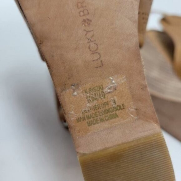 Lucky Brand | Risza Perforated Wedge Peep Toe Leather Sandals Tan Brown - Picture 10 of 13
